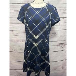Vince Camuto Blue Black White‎ Plaid A-Line Dress Short-Sleeve Size 16